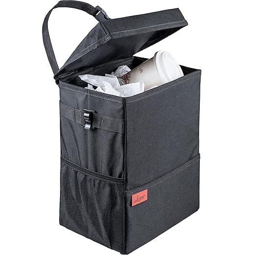 Lusso Gear Car Trash Can, 3.5 Gallon Capacity, Black Color, Manual-Lift Opening Mechanism