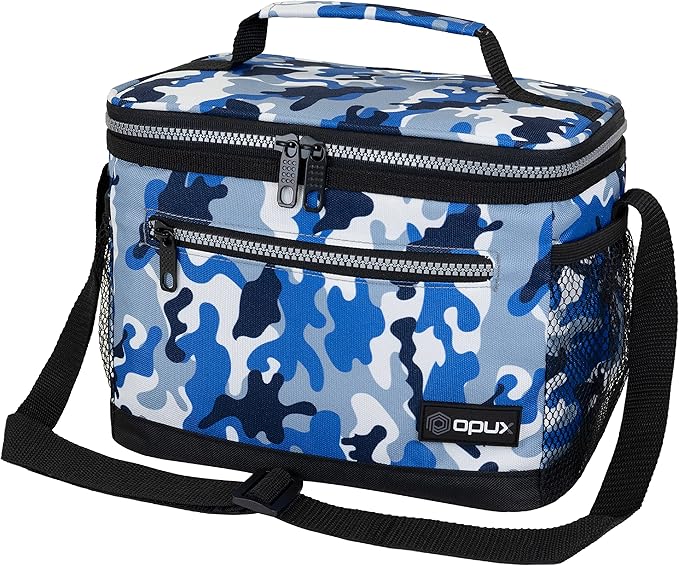 opux Insulated Lunch Box Men Women, Lunch Bag for Work School, Leakproof Soft Cooler Tote Adult, Large Lunch Pail Kids Boys Girls, Picnic Beach Food Bag with Shoulder Strap, Camo Blue