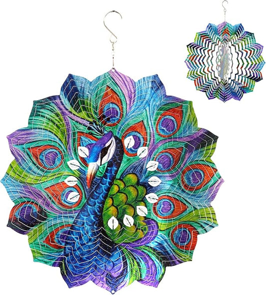 Exhart Wind Spinner, Peacock Mandala Hanging Wind Sculpture, 3D Laser Cut Patterns with Bead Details, Metal Outdoor Garden Decoration, Multicolor Lawn and Yard Art, 12 Inch