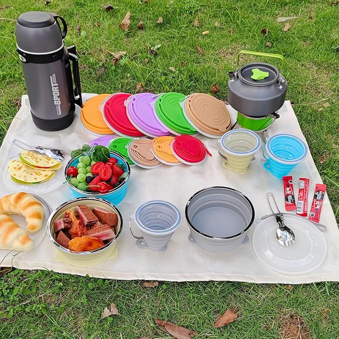 Mess Kit for Camping Silicone Collapsible Bowl Collapsible Cup and Stainless Steel Spoon for Backpacking Outdoor Hiking Traveling and Picnic - 2 Pack