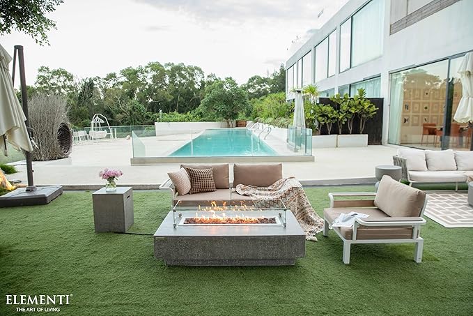 Elementi | Bundle Hampton Gas Fire Pit Cast Concrete 56" Rectangular Fire Table, Outdoor Fire Pit Electronic Ignition | Canvas Cover, Lava Rock Included | Light Gray (Natural Gas)