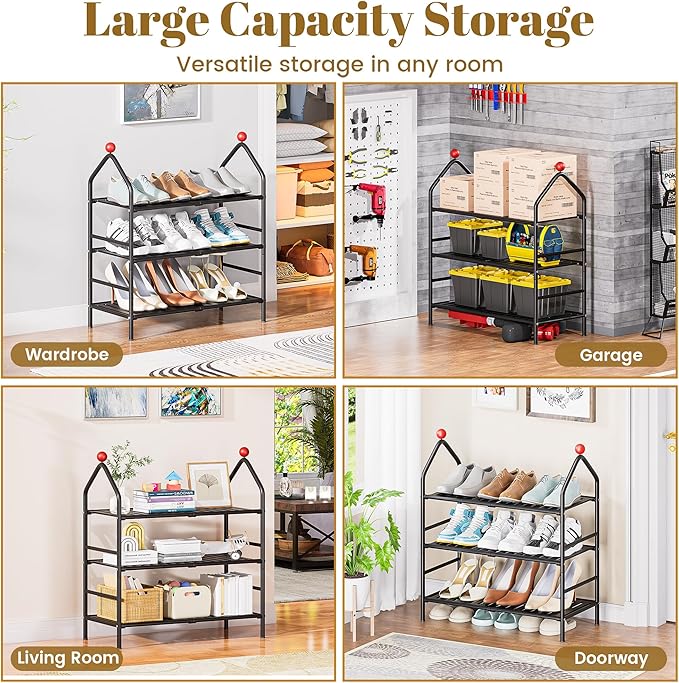 Shoe Rack, 3-Tier Shoe Organizer, Metal Storage Shelf, Shoe Rack for Closet, Free Standing Shoe Racks for Entryway, Garage & Doorway, Sturdy Shoe Shelves, Black