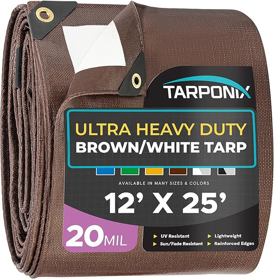 12' x 25' Ultra Heavy Duty Tarp – 20 Mil Brown/White Waterproof Outdoor Cover, UV Protection, Reinforced Corners, Ideal for Camping, Tent, and Outdoor Use