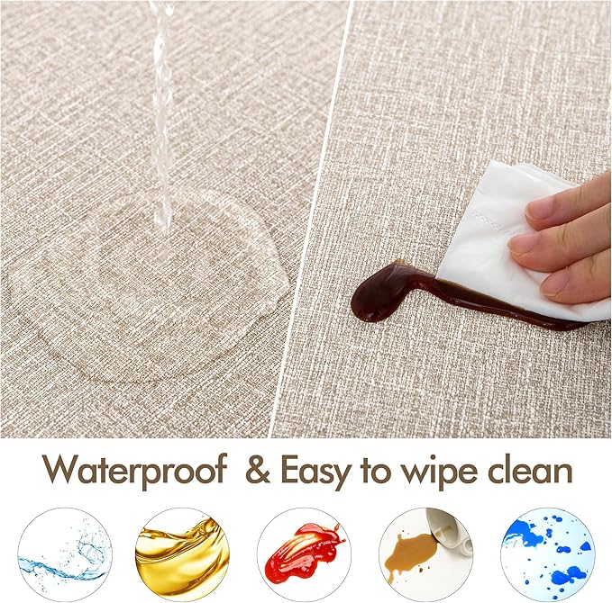 Fitable 4 Pack Vinyl Fitted Round Table Cover with Elastic- Waterproof Faux Linen Tablecloth Flannel Backed Wipeable Table Cloth for Picnic Camping, Nature (Fit for 36"-44" Round Tables)