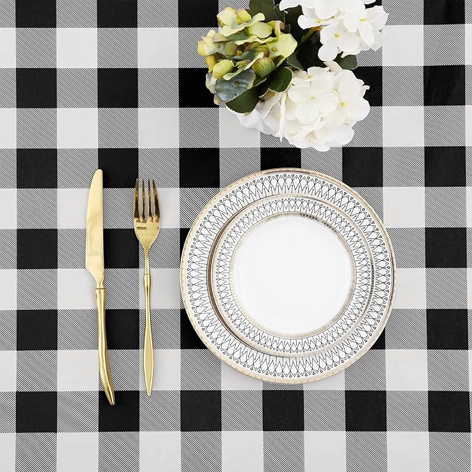 misaya Buffalo Rectangle Picnic Tablecloth, 8 Foot Elastic Fitted Vinyl Table Cloth with Flannel Backing, Waterproof Plaid Table Covers for Dining, Camping, Outdoor (Black and White, 30" x 96")