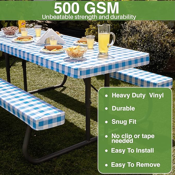 Hudson Comfort Picnic Table Cover with Bench Covers – 500 GSM Reusable Heavy Duty Vinyl Outdoor Table Cover - Waterproof Picnic Tablecloth with Carry Case - Blue (72 Inch 6 Feet)