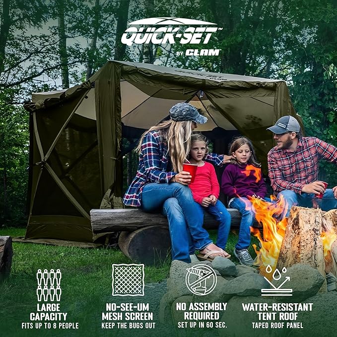 CLAM Pop Up Screen Tent, Outdoor Camping Gazebo Canopy, Pavilion, 12.5', Green/Tan - Heavy-Duty Portable Screened Shelter with Netting for Beach, Patio, and Backyard