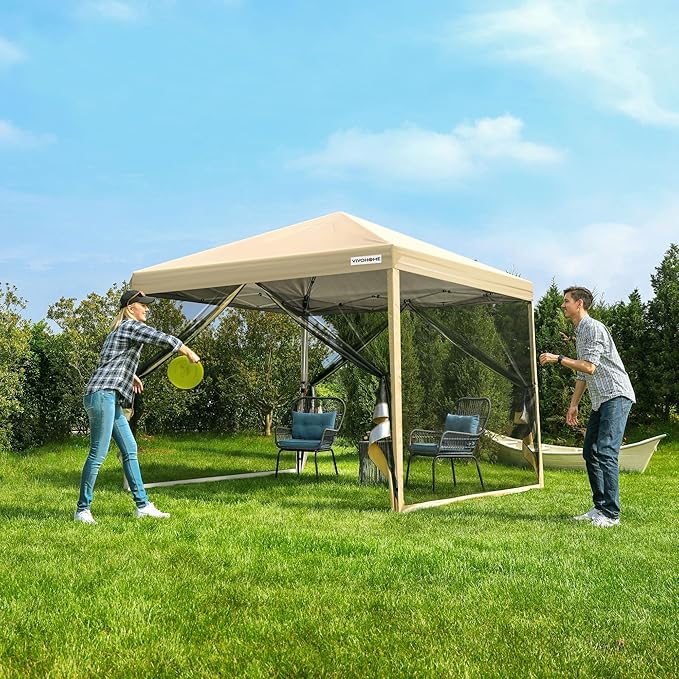 VIVOHOME 8x8ft Easy Pop-Up Canopy, Outdoor Screen Tent with Mosquito Netting, 2 Zipper Doors, and Roller Bag for Yard Camping Picnic Party Events, Beige
