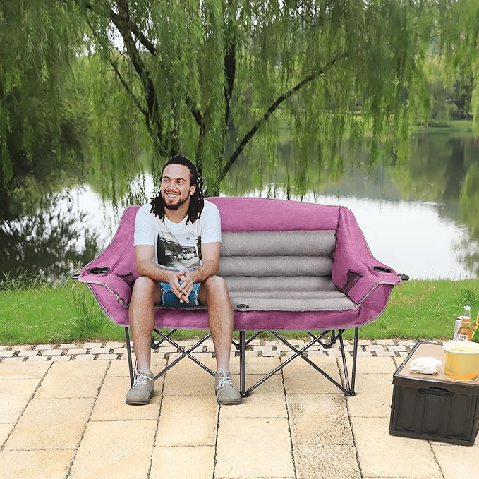 Northroad Oversized Double Camping Chair, Fully Padded Loveseat, Heavy Duty Folding Duo Chair w/Cup Holders, Armrests & Carry Bag, Supports up to 600lbs, Purple