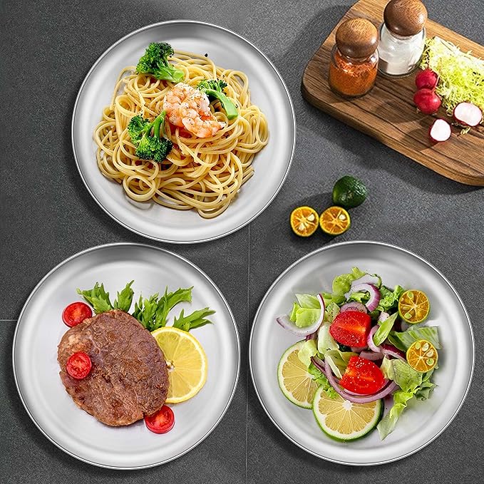 Homikit 6 Pack Stainless Steel Plates, Metal Kids Toddler Dinner Plate Set Non Toxic, 9 Inch Round Camping Plates for Serving Dishes Dessert Salad, Unbreakable & Reusable, Dishwasher Safe