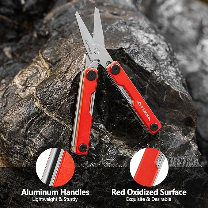 FLISSA Multitool Scissors, 11-in-1 Multi Tool Pocket Knife, Stainless Steel Mini Multitool with Bottle Opener, Screwdriver, Aluminum Handles, Spring - EDC for Outdoor, Camping, Hiking, Fishing, Red