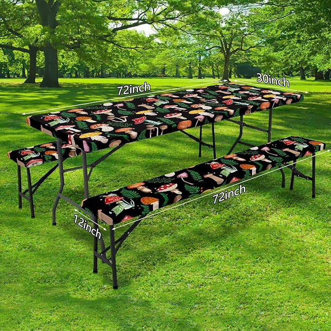 JAWO Black Picnic Table Cover with Bench Covers Elastic Edges Camping RV Essentials Waterproof Windproof Outdoor Fitted Tablecloth Rectangle Camping Tables and Seats, 30x72in