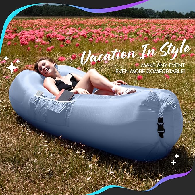 Nevlers Inflatable Lounger | 210T Polyester Inflatable Chair | No-Pump Blow Up Couch | Camping Couch Air Sofa Bed w/ 450 lbs. Cap., Pockets & Matching Bag | Use as Inflatable Couch for Adults & Kids