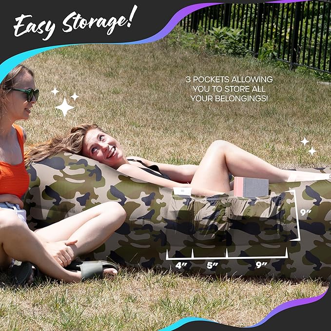 Nevlers Inflatable Lounger | 210T Polyester Inflatable Chair | No-Pump Blow Up Couch | Camping Couch Air Sofa Bed w/ 450 lbs. Cap., Pockets & Matching Bag | Use as Inflatable Couch for Adults & Kids