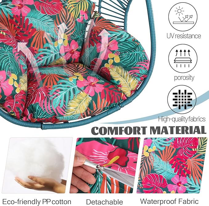 Oversized Hanging Egg Chair Outdoor Wicker Swing Chair with Stand Rain Cover UV Resistant Cushion 400lbs Capacity for Patio, Garden and Balcony