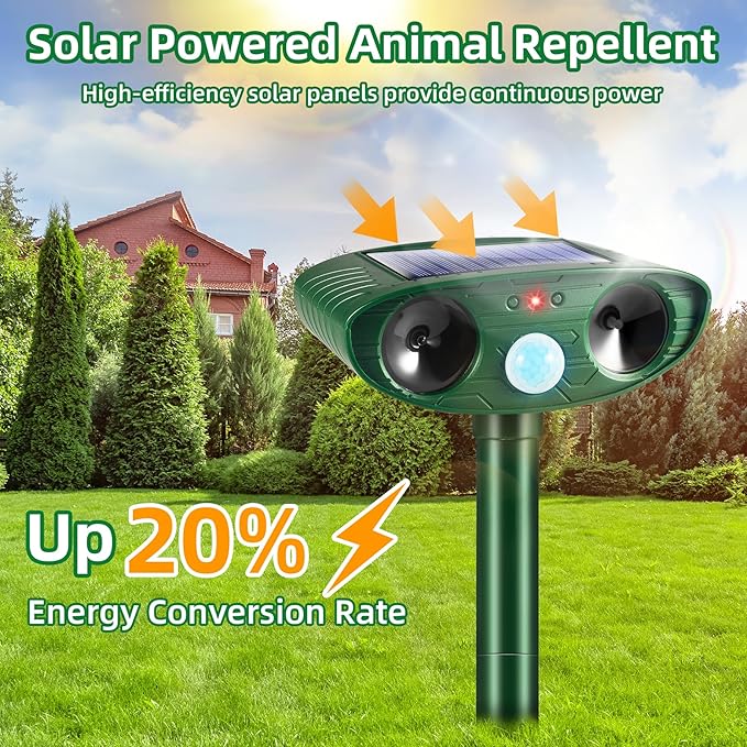 4 Pack Ultrasonic Solar Animal Repellent Outdoor,Deer Repellent Devices Motion Detection,Cat Skunk Dog Raccoon Squirrel Rabbit Deterrent,Waterproof Animal Repeller for Yard Farm