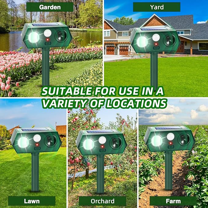 4Pack Solar Ultrasonic Animal Repellent Cat Repellent Outdoor Deer Repellent Devices Motion Detection with LED Flash Light Waterproof Squirrel Mouse Raccoon Dog Bird Repellent for Yard