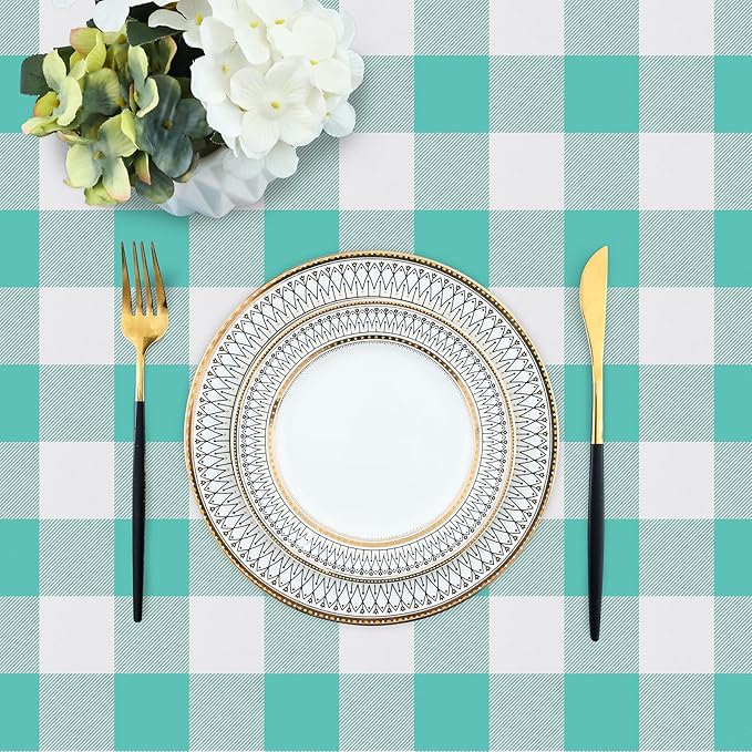 misaya Rectangle Waterproof Vinyl Table Cloth, Buffalo Flannel Backed Tablecloth, Wipeable Plastic Table Cover for Dinner, Kitchen, Outdoor (54" x 78", Teal and White)