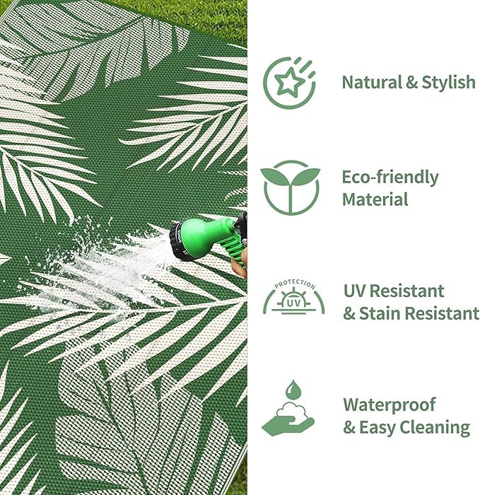 GENIMO Outdoor Rug 9' x 12' Waterproof for Patios Clearance, Reversible Outdoor Plastic Straw Camping Rug Carpet, Large Area Rugs Mats for RV, Picnic, Backyard, Deck, Balcony, Porch, Dark Green&White