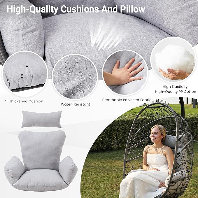 RoyalCraft Hanging Egg Chair Outdoor Swing Chair with Stand, Hammock Chair Indoor, Patio Boho Wicker Hanging Chair with Stand 350lbs Capacity for Garden, Balcony, Bedroom, Black & Gray