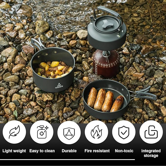 Alocs Camping Cookware, Portable Camping Essentials with Accessories, Camping Gear Camping Cooking Set for Outdoor Cooking, Backpacking, Hiking and Picnic.