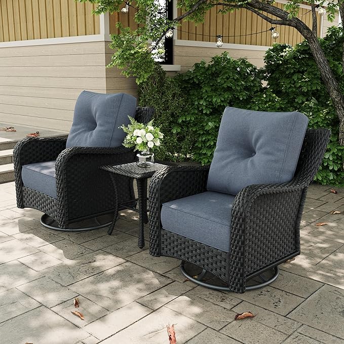 3 Pieces Outdoor Patio Furniture Sets with Rocking Swivel Chairs with 6-inch Thick Cushion and Side Table for Deck Lawn