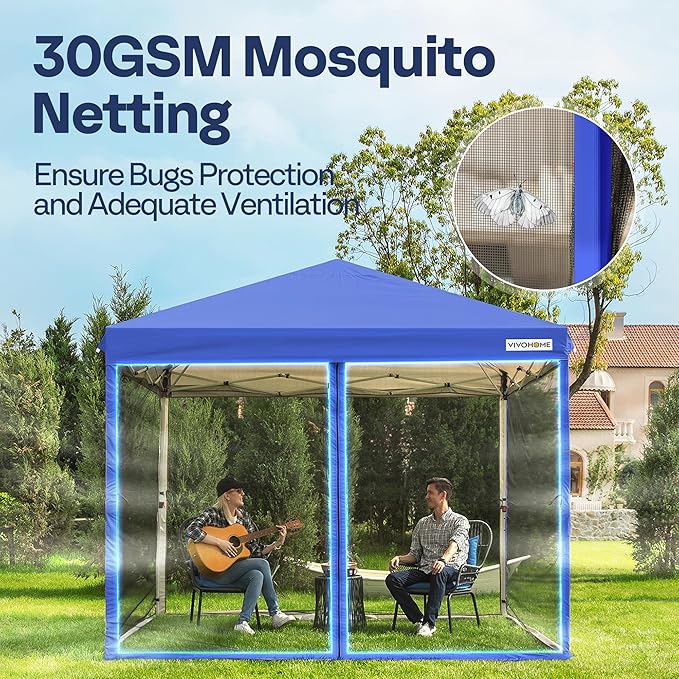 VIVOHOME 8x8ft Easy Pop-Up Canopy, Outdoor Screen Tent with Mosquito Netting, 2 Zipper Doors, and Roller Bag for Yard Camping Picnic Party Events, Blue