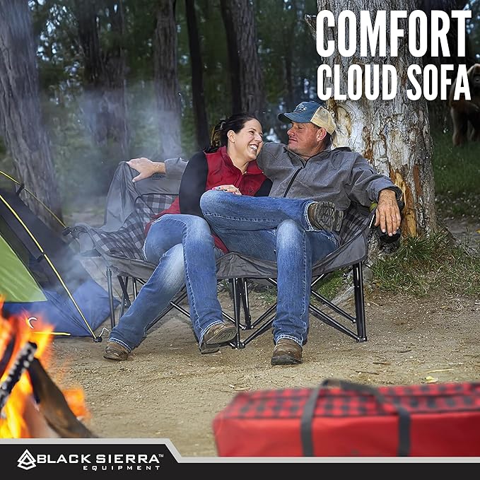 Black Sierra Double Camping Chair for Adults, Oversized Folding Loveseat Supports 600 lbs, Plush Padded Outdoor Couch with Cup Holders and Carry Bag for Beach, Patio, RV, or Tailgating Events