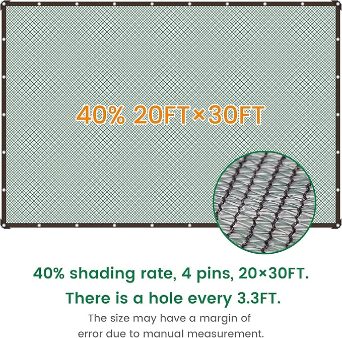 40% 20 X 30 FT Green Shade Cloth, Outdoor Woven Sun Shade with Grommets, Durable Breathable Netting Shading Antifreezing for Patio, Garden, DIY Home, Plants Cover, Greenhouse, Dog Kennel
