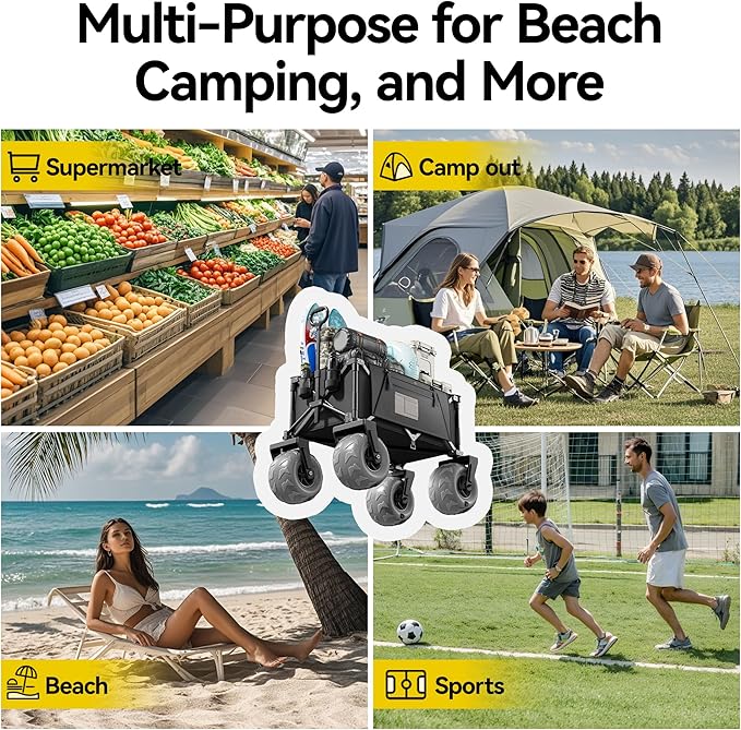 DXZ Beach Wagon Cart with Big Wheels for Sand – Folding Collapsible Wagon, Heavy Duty Wagons Carts Foldable for Beach, Camping, Outdoor Gear, Easy Setup Black Grey