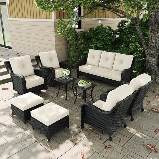 9 Pieces Outdoor Patio Furniture Sets with Rocking Swivel Chairs with 6-inch Thick Cushion and Side Table for Deck Lawn