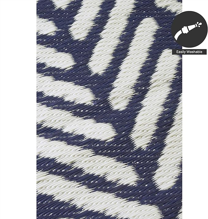 FH Home Outdoor Camping Rug - Waterproof, Fade Resistant, Reversible - Premium Recycled Plastic - Herringbone - Large Patio, Deck, Sunroom, RV - Fresno - Navy - 9 x 12 ft Foldable