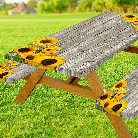 3 Pcs Sunflower Wooden Picnic Table Cover with Bench Covers,6Ft Rustic Sunflower Waterproof Fitted Picnic Table Cloths Retro Wood Texture Elastic Outdoor Picnic Tablecloth for Camping Patio Travel