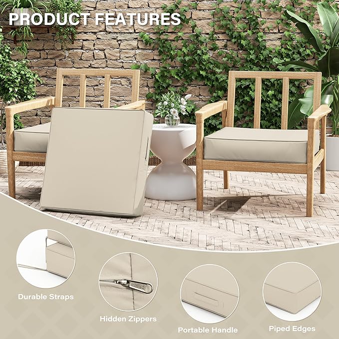 Patio Chair Cushions 24 X 24 X 5 Inch Waterproof Outdoor Seat Cushions for Patio Furniture, Outdoor Sofa Couch Pads with Ties & Handle, Set of 2, Cream