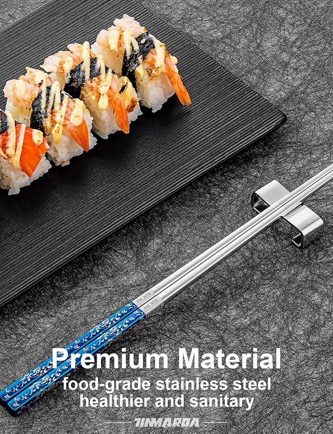 Metal Chopsticks Reusable, 3 Pairs Non-Slip Chop Sticks Reusable Dishwasher Safe, Titanium Plated Stainless Steel Chopsticks Present Set (Blue Silver)