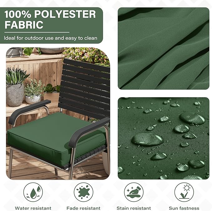 Patio Chair Cushions 18.5 X 16 X 4 Inch Waterproof Outdoor Seat Cushions for Patio Furniture, Outdoor Sofa Couch Pads with Ties & Handle, Set of 2, Green