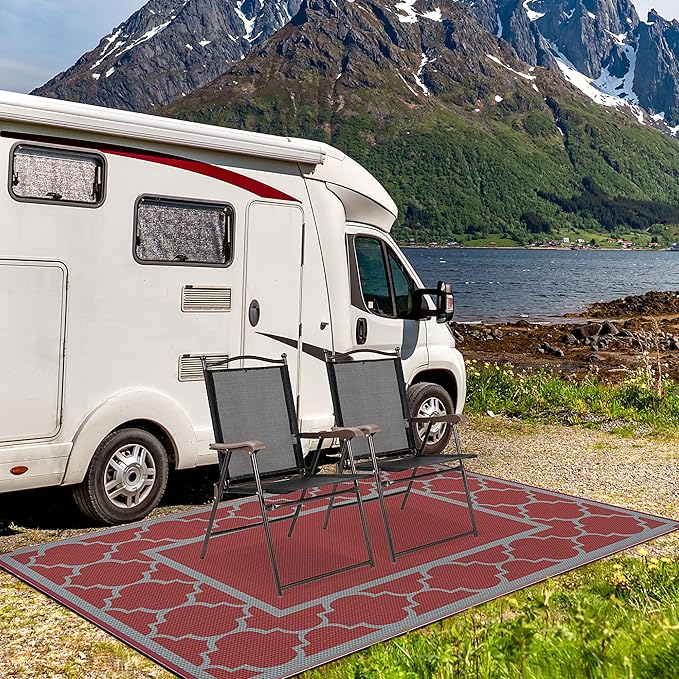 GENIMO 5' x 8' Outdoor Rug Waterproof for Patio Decor, Foldable Reversible Plastic Straw Area Rugs Mat for Camper, Outside Carpet for Rv, Deck, Porch, Picnic, Beach, Balcony, Red & Grey