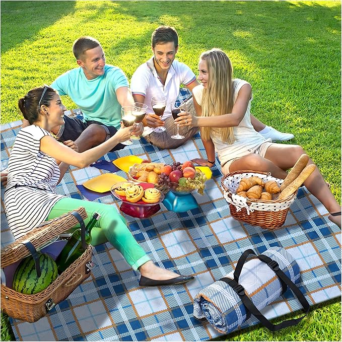 Extra Large Checkered Picnic Blankets Portable 80x80 Oversized Waterproof Sandproof Outdoor Beach Blanket Camping Grass Mat Sand Free Big Giant Car Rv Accessories Navy Baseball Sporting Eeential Gift