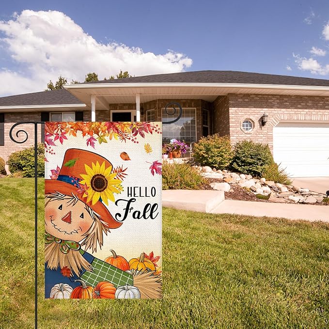 Fall Scarecrow Pumpkin Garden Flag 12x18 Inch Double Sided Burlap Autumn Thanksgiving Sunflower Flag for Outside Farmhouse Garden Yard Lawn Outdoor Decorative