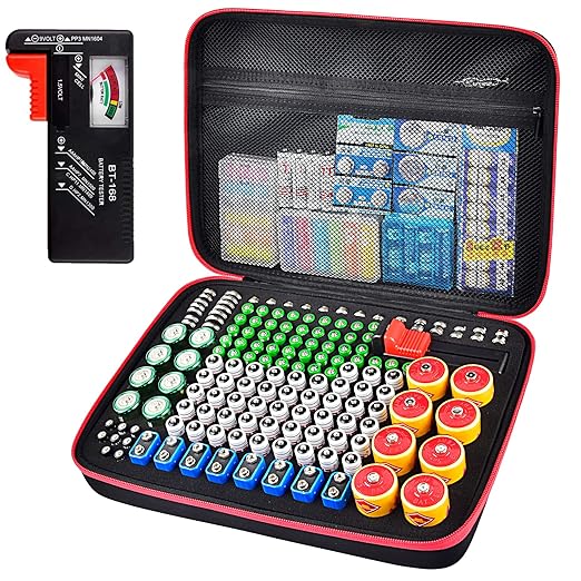 Battery Organizer Storage Holder Case Box with Tester Checker BT-168. Holds 225 Batteries AA AAA C D Cell 9V 3V Lithium (Red)