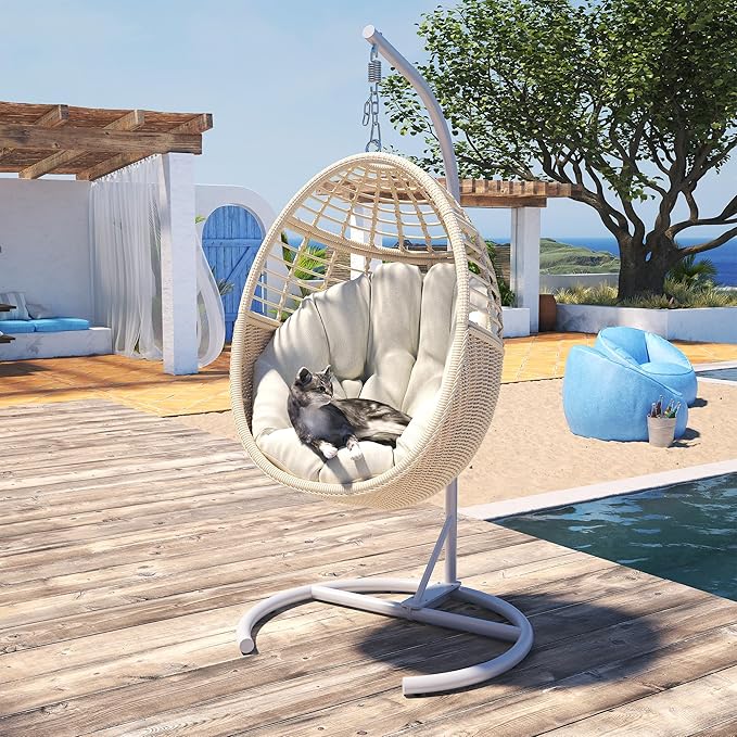 Egg Swing Chair with Stand: Hand Woven PE Rattan Hanging Chairs Hammock - Indoor Outdoor Swinging Lounger with Soft Cushion for 330lbs Patio Balcony Garden Living Room Bedroom Porch, Beige