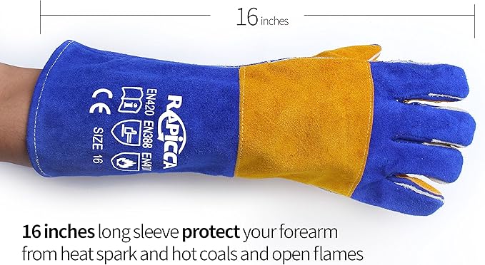 Welding Gloves Fire Heat Resistant: Blue 16IN 932℉ - Fireproof Leather For Stick Mig Flux-Core Welder Forge Blacksmith Fireplace Wood Stove Fire Pit Grill Oven Furnace Handling Dry Ice - Birthday Gift