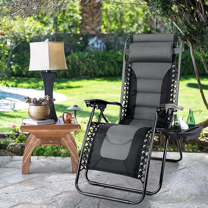 MAISON ARTS Padded Zero Gravity Lawn Chairs Set of 2 Foldable Recliner Anti Gravity Lounge Chairs w/Pillow & Cup Holder Outdoor Camp Chairs for Poolside Backyard Beach Support 350LBS Grey
