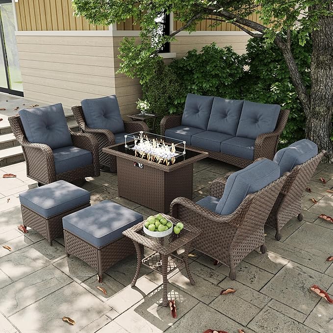 10 Pieces Outdoor Patio Furniture Sets with Rocking Swivel Chairs with 6-inch Thick Cushion and Fire Pit Table for Deck Lawn