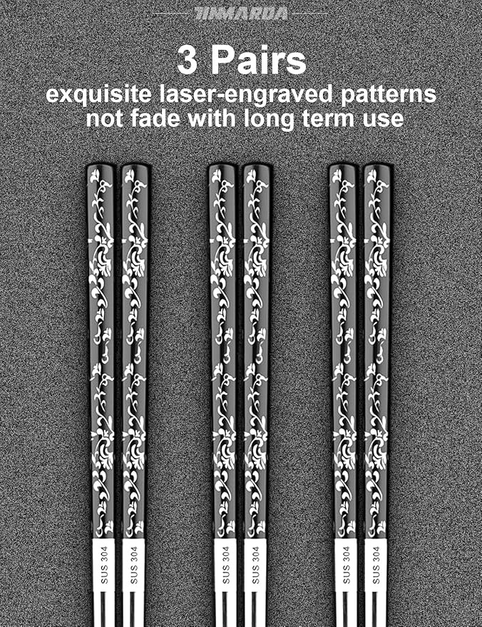 Metal Chopsticks Reusable, 3 Pairs Chop Sticks Reusable Dishwasher Safe, Titanium Plated Non-Slip Stainless Steel Chopsticks Present Set (Black Silver)