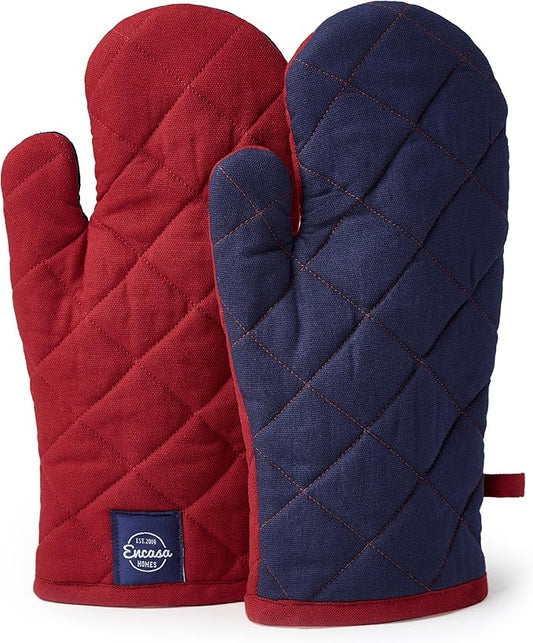 Encasa XO Heat Resistant Cotton Oven Gloves Mitts (2 Pc Set) - Quilted & Safe 12x7 in - for Kitchen, Cooking & Baking, Grilling, Handling Hot Pots & Pans - Red