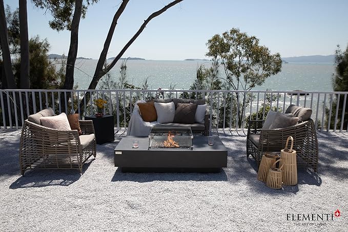 Elementi+ | Bundle Cannes Gas Fire Pit Cast Concrete 60" Rectangular Fire Table, Outdoor Fire Pit Electronic Ignition | Canvas Cover, Fire Glass and Burner Lid Included | Dark Gray | Propane Gas