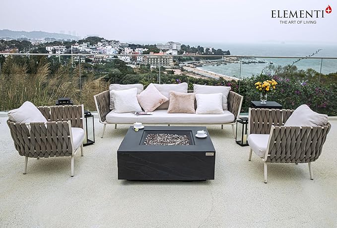 Elementi+ | Bundle Roraima Gas Fire Pit Cast Concrete 40" Square Fire Table, Outdoor Fire Pit Electronic Ignition | Canvas Cover, Fire Glass and Burner Lid Included | Dark Gray | Natural Gas