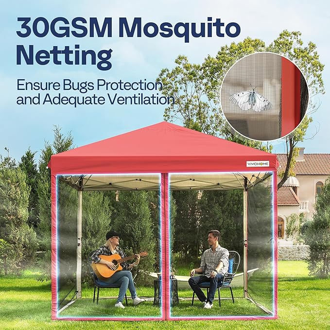 VIVOHOME 8x8ft Easy Pop-Up Canopy, Outdoor Screen Tent with Mosquito Netting, 2 Zipper Doors, and Roller Bag for Yard Camping Picnic Party Events, Red