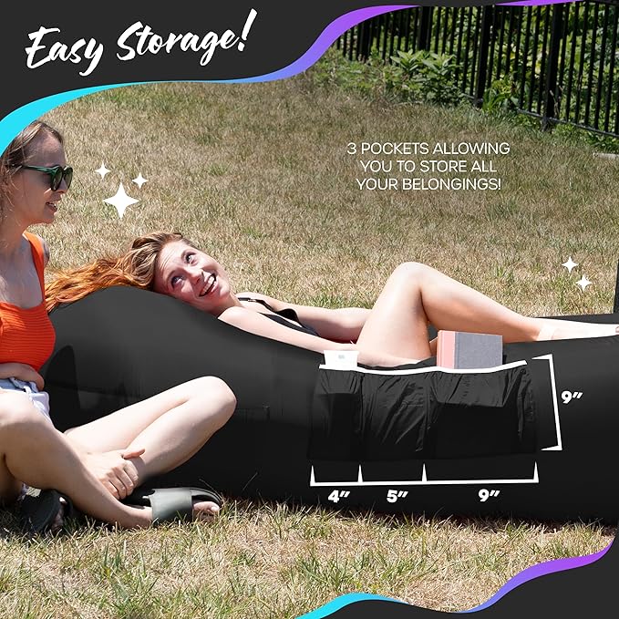 Nevlers Inflatable Lounger | 210T Polyester Inflatable Chair | No-Pump Blow Up Couch | Camping Couch Air Sofa Bed w/ 450 lbs. Cap., Pockets & Matching Bag | Use as Inflatable Couch for Adults & Kids